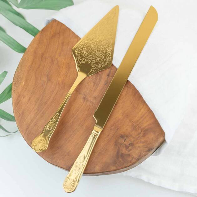 Gold cake knife and server set